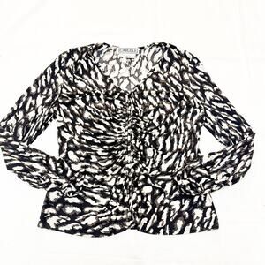 Carlisle 100% Silk Patterned Long Sleeve Ruched Black White Blouse Size XL